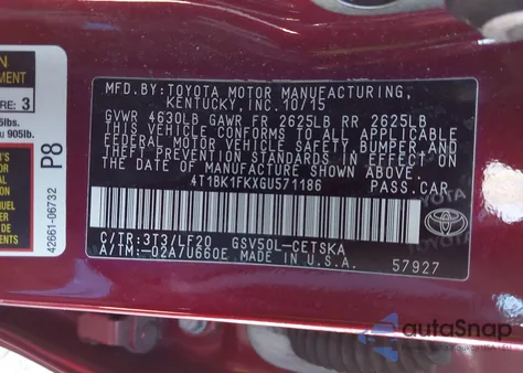 2016 Toyota Camry Xse V6 z USA, uszkodzony, nr VIN 4T1BK1FKXGU571186